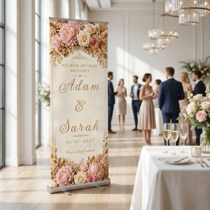 Golden Rose Flowers Romance met Romantische roll-up trouwbanner met roze bloemen, rozen, crème achtergrond en luxe gouden details. Volledig te personaliseren als uitgelichte productfoto in een realistische bruiloftssetting