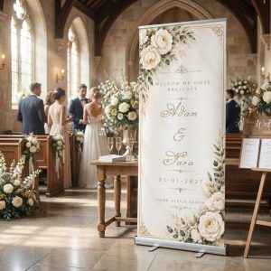 Logo korting Pearl White Floral Welkomstbord Bruiloft met Elegante roll-up trouwbanner met witte bloemen, groene bladeren en goudaccenten. Personaliseer namen, datum en quote in als uitgelichte productfoto in een realistische bruiloftssetting