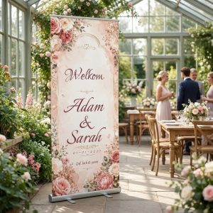 Logo korting Romantic Rose Wedding Banner met Romantische roze bloemen trouwbanner met luxe gouden details, geschikt als welkomstbord voor jullie bruiloft. Romantic Rose als uitgelichte productfoto in een realistische bruiloftssetting